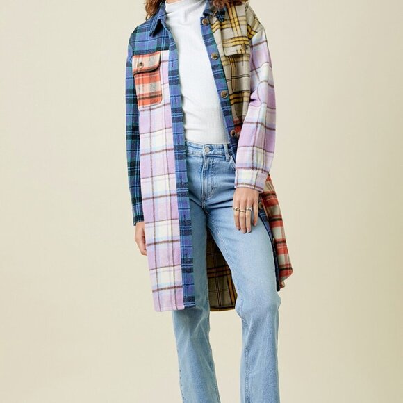 MYSTREE MIXED PLAID COLOR BLOCK LONG JACKET - Picture 6 of 7